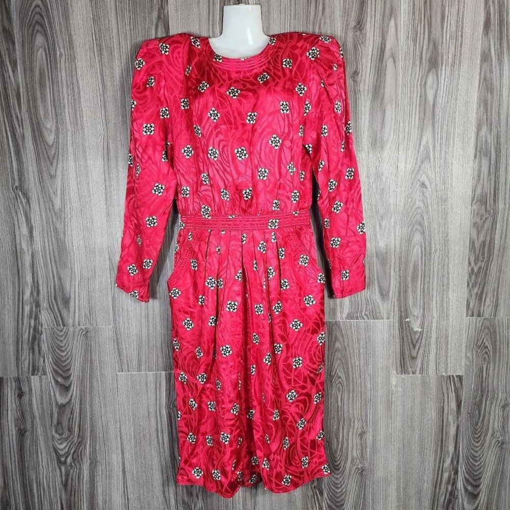 Maggy London Jeanene Booher Vintage 100% Silk Pink Red Floral Geometric Dress 6